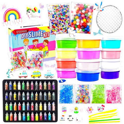 ESSENSON Slime Making Kit - Slime Supplies for Girls & Boys, Crystal Clear Slime, Glitter, Charms, Fishbowl Beads - Kids Art Craft Toys Gifts Age 3+