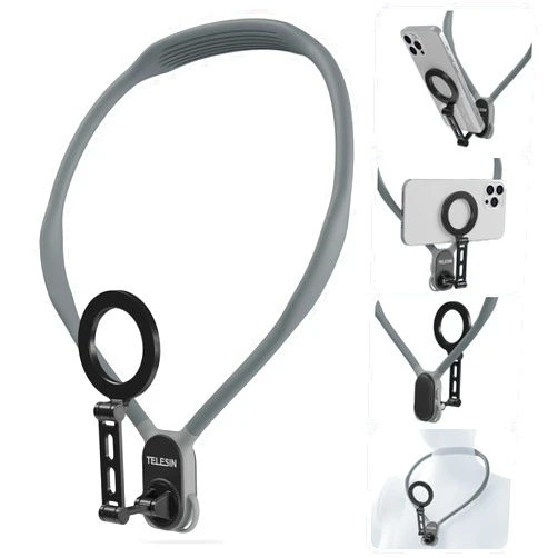 TELESIN° Max Magnetic Neck Mount for Phones, POV/Vlog Neck Phone Holder w Fixing Chest Strap Selfie Mount Hand Free Phone Neck Holder Stand Video Recording for iPhone Android Phones (Gray)