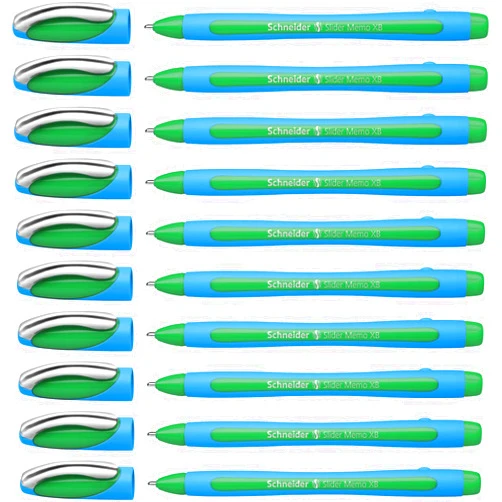 Schneider Slider Memo XB (Extra Broad) Ballpoint Pen, 1.4 mm, Light Blue Barrel, Green Ink, Box of 10 Pens (150204)