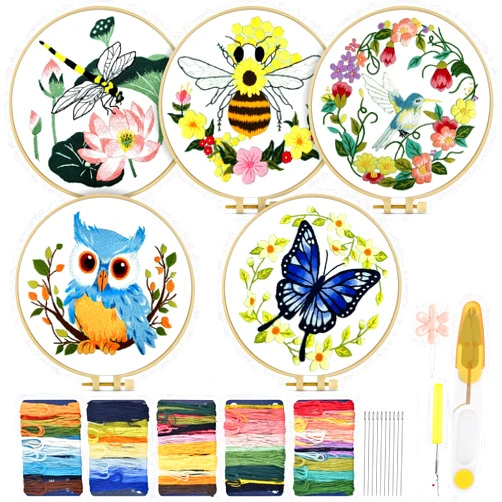 TINDTOP 5 Sets Embroidery Kit for Beginners Adult, Embroidery Kit for Beginners Include Embroidery Cloth Hoops Threads for Craft Lover Hand Stitch with Embroidery Skill Techniques