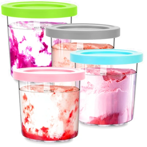 Aelfon Ice Cream Containers for Ninja Creami Pints and Lids 16oz Pint Containers 4 Pack Extra Replacement Pints for Ninja Creami NC301, NC300, CN301CO, CN305A Ice Cream Maker(Grey, Green, Pink, Blue)