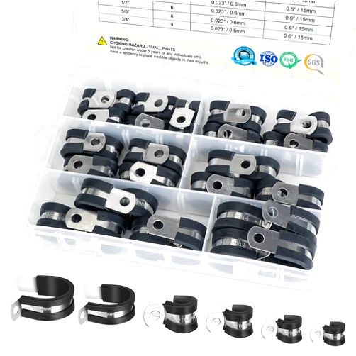 TICONN 42PCS Cable Clamps Set - Rubber Cushioned 304 Stainless Steel Hose/ Loop/ Pipe Clamps in 6 Sizes (42PCS combo, 1/4'' 5/16'' 3/8'' 1/2'' 5/8'' 3/4'')