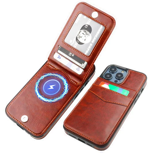 KIHUWEY for iPhone 13 Pro Case Wallet Compatible with MagSafe Wireless Charging, Credit Card Holder, RFID Flip Leather Magnetic Clasp Kickstand Heavy Duty Protective Cover 6.1 Inch (Brown)