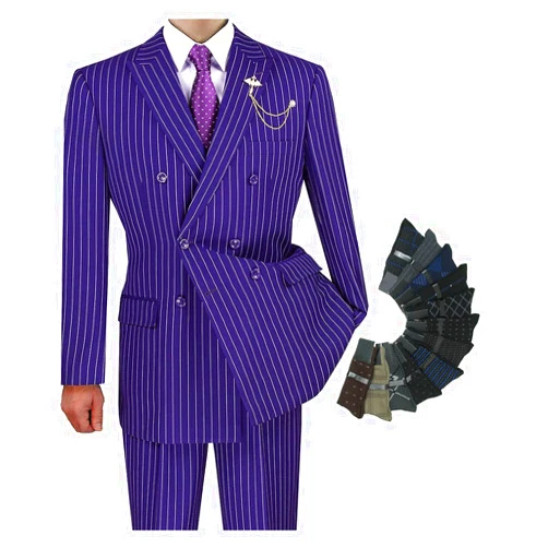 Triple Blessings Sharp Luxurious 2pc Men's Double Breasted Pinstripe Suit w/1 Pair of Socks