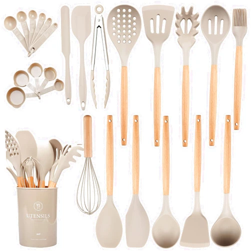Hvygss 26Pcs Kitchen Utensils Set with Holder, Large Silicone Cooking Utensils Set for Nonstick Cookware Wooden Handle Spatulas Silicone Heat Resistant Kitchen Gadgets Utensil Sets (Khaki)
