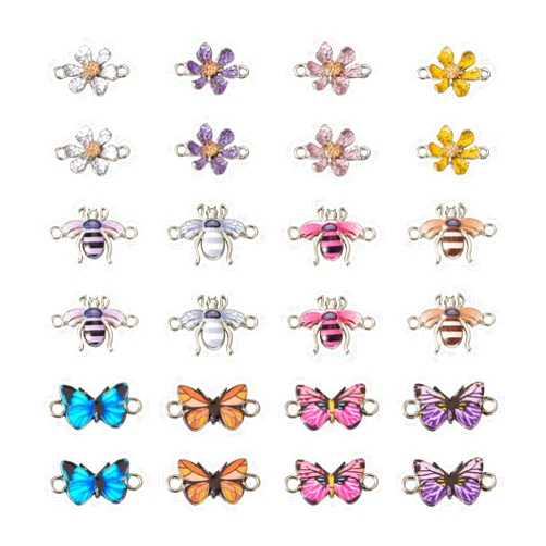 PH PandaHall 24Pcs Flower Butterfly Bee Alloy Enamel Connector Charms 12 Style Platinum Insect Animal Floral Pendant Links for DIY Bracelet Necklace Jewelry Making (Hole: 1.6-2mm)