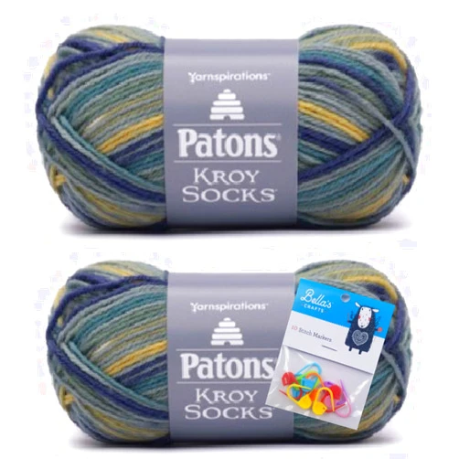 Bella's Crafts Patons Kroy Socks Yarn 2-Pack Bundle with Bella's Crafts Stitch Markers (Fifties Stripes)