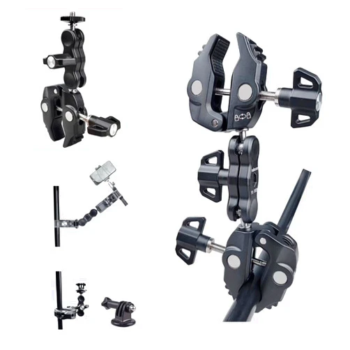 Rubesee Metal Double Camera Clamp 360° Double Ball Head Adapter with Umbrella Clamp, Super Clamp Arm for Camera, for Chair, Pole, Tripod, Handlebar All Metal Max Load Capacity 3.5kg 7.7 lb