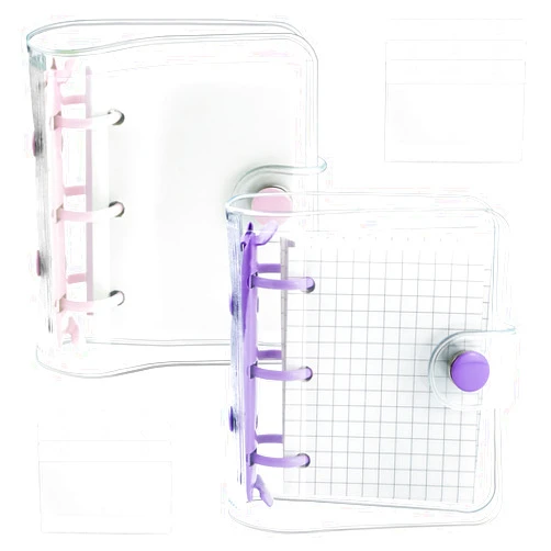 YETOOME 2 Pack Mini Transparent 3 Ring Binder Covers with Binder Inner Paper and Pockets, Clear Soft PVC Notebook Closure Loose Leaf Folder with Snap Button (Pink, Purple)
