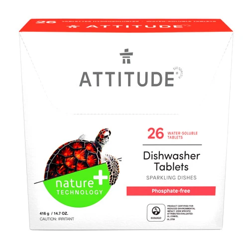 ATTITUDE Dishwasher Pods, Naturally Derived Dishwashing Detergent, Vegan and Plant-Based Dish Soap Tablets, Phosphate Free, Unscented, 26 Count