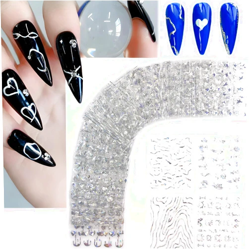 SPLOCUDU 30 Sheets Silver Nail Art Stickers 3D Self-Adhesive Line Nail Decals for Acrylic Nails Lace Leaf Flower Nail Supplies for Nail Art Glitter DIY Design Nail Stickers for Women