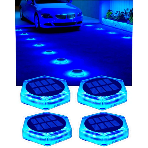 DetarZinLED Solar Driveway Lights Outdoor IP68 Waterproof, 4 Packs Blue Dock Lights Solar Powered, Solar Deck Step Lights Stick on LED Lights for Stair, Garage, Pool, Fence, Garden Pathway