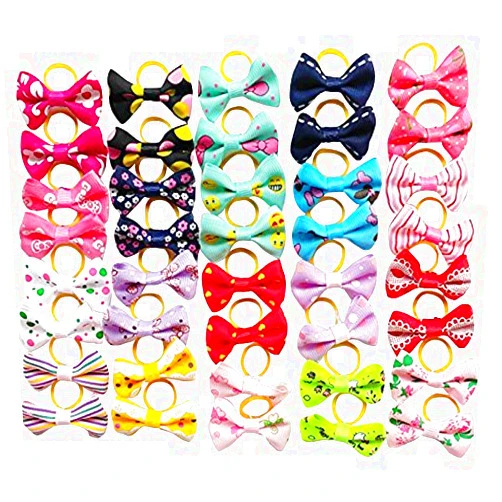 Chenkou Craft 40pcs/20pairs New Dog Hair Bows with Rubber Band Pet Grooming Products Mix Colors Varies Patterns Pet Hair Bows Dog Little Puppy Accessories (Bow with Rubber Band)
