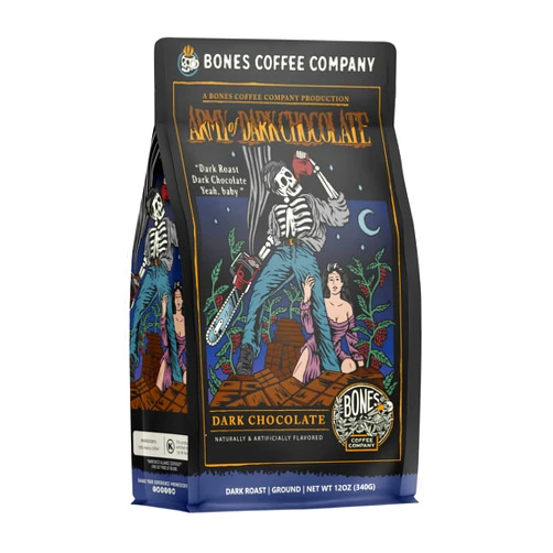 Bones Coffee Company Army Of Dark Chocolate Ground Coffee Beans, Dark Chocolate Flavor Low Acid Flavored Coffee, Made with Arabica Coffee Beans, Dark Roast Gourmet Coffee (12 oz)