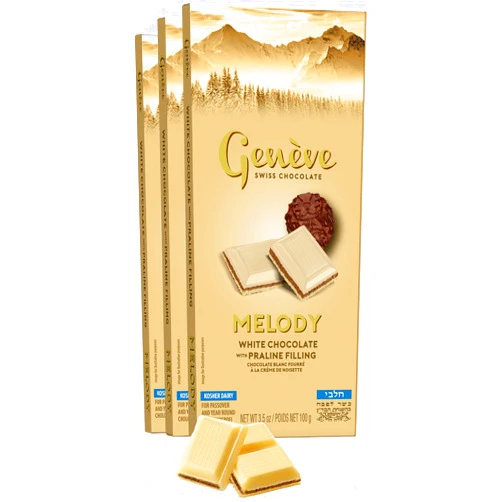 Gefen Geneve Swiss White Chocolate Bar with Praline Filling, 3.5oz (3 Pack) | A Rich & Creamy Melody | All Natural, Kosher for Passover