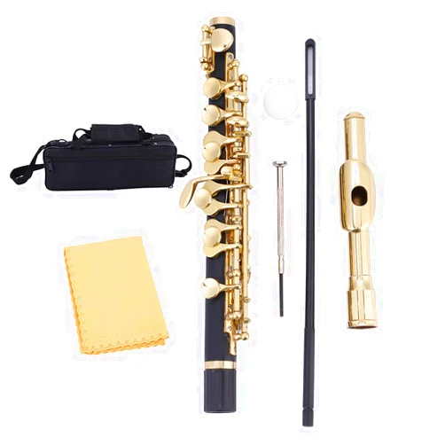 YIPOKELSM C Key Piccolo with Case, Joint Grease, Cleaning Stick, Polish Cloth, Screwdriver Plated, Ideal for Intermediate Flute Players (Gold)