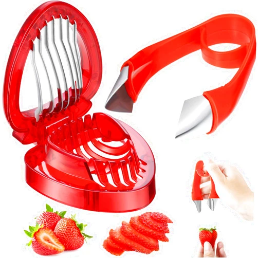 Patelai 2 Pieces Strawberry Slicer Cutter Set, Strawberry Huller Stem Remover Fruit Leaves Huller Peeling Tool Kitchen Accessories Corer for Strawberry Tomato Pineapple