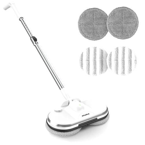 AlfaBot Electric Mop, AlfaBot WS-24 Cordless Spin Mop for Floor Cleaning, Lightweight & Rechargeable Floor Cleaner with Water Sprayer and LED Headlight for Hardwood and Tile Floors, White