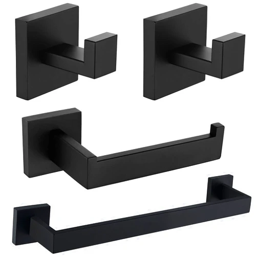 Nolimas 4 Pieces Matte Black Bathroom Hardware Set SUS304 Stainless Steel Square Wall Mounted Including 16 Inch Towel Bar, Toilet Tissue Holder, Robe Towel Hooks,Bathroom Accessories Kit