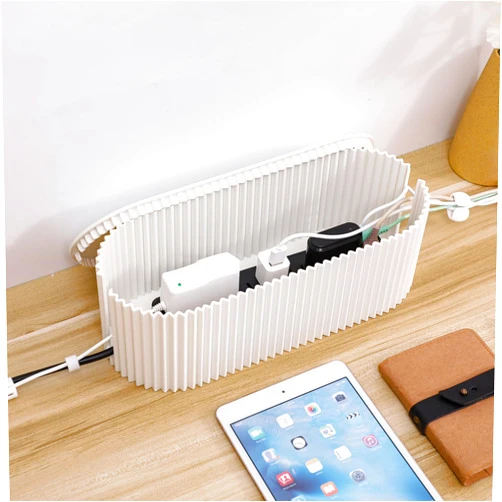 Tahaje Cable Management Box, Plastic Cord Storage Organizer with Lid and Wire Ties for Desk, Power Strips Cover Hider and Protector for Home Office, Small Kitchen Appliances, Computer, TV (White)