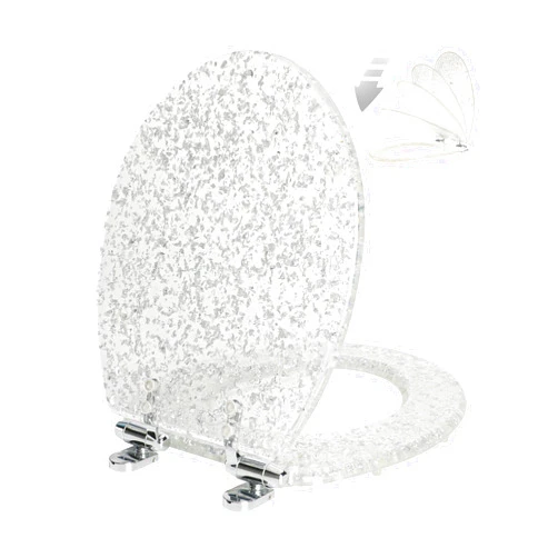 Angol Shiold Resin Round Toilet Seat Glitter Silver, Slow Quiet-Close Heavy Duty Acrylic Toilet Seats for Standard Toilets, Easy Installation & Cleaning (Round 17