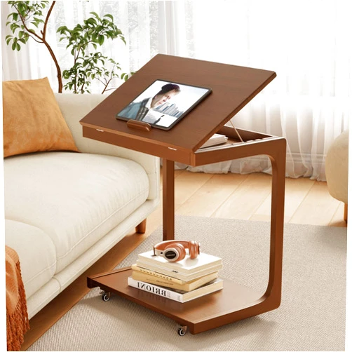 AQIMUELE Wooden C-Shaped End Table,Couch Table with Adjustable Desktop,Small Rolling Side Table with 2 Lockable Wheels 23.6