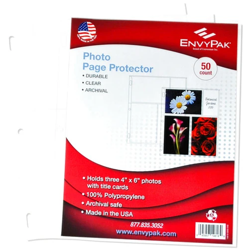 EnvyPak Photo Sheet Protector - Clear, 8.5 X 11 Inch, Holds 6 4” x 6” Inch Photos & Title Cards (6 Photos & 2 Cards per Page) - 3 Hole Punched - Pack of 50