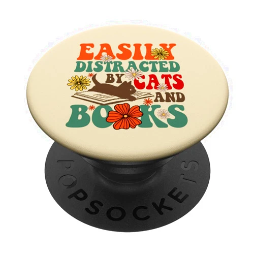 Groovy Cats And Book Lover Groovy Easily Distracted by Cats and Books Cute Book Lover PopSockets Adhesive PopGrip