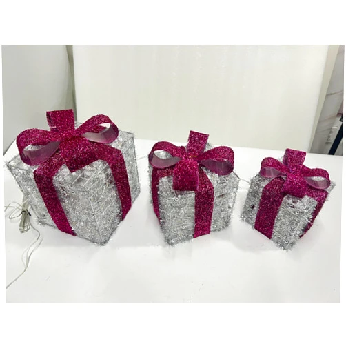 Elktry 12”-10”-8” Set of 3 Lighted Gift Boxes Christmas Decorations,Elktry 120LED Collapsible Christmas Decorations with 11 Modes,Christmas Lighted Gift Boxes with Plug for Yard Holiday Weddings Art (Pink)