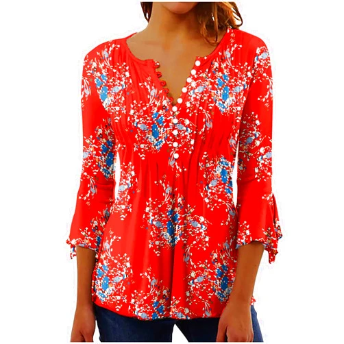 SMIDOW Spring Tops for Women 2023 Trendy 3/4 Bell Sleeve Henley Shirts Boho Floral Print Tunics Casual Loose Blouse