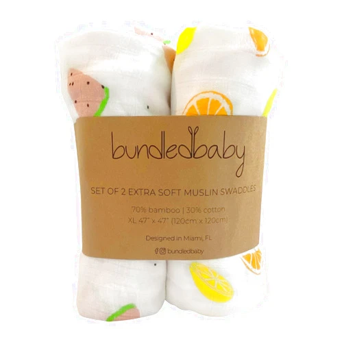 Bundled Baby Baby Swaddle Blanket BundledBaby, Unisex Swaddle Wrap, Soft Muslin Swaddles, Neutral Receiving Blanket Boys and Girls, 70% Bamboo & 30% Cotton, Large 47x47 in, Cover, Watermelon Lemon Watermelon Miami Beach Standard Packaging