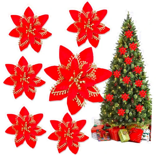 PUPCONE 12 Pieces Christmas Poinsettia Flowers, Glitter Flowers Decorative Christmas Tree Flowers Glitter Decorative Artificial Flowers for Christmas (Red)