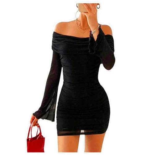 SOLY HUX Women's Ruched Mesh Off Shoulder Bodycon Mini Dress Bell Long Sleeve Club Party Dresses