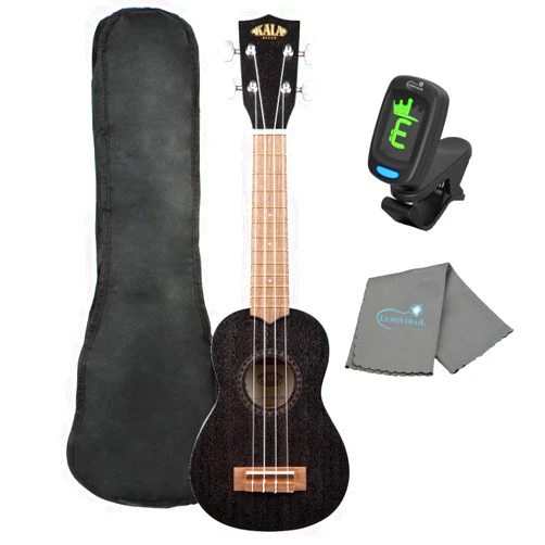 Kala KA-15S-BLK Black Satin Mahogany Soprano Ukulele Bundle with a Ukulele Tote Bag, Tuner, and Lumintrail Polishing Cloth