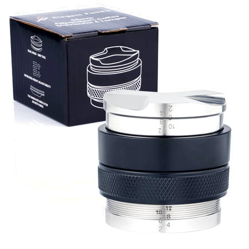 Elegant Foodie 58mm Tamper and Distributor with Height Indicator - Espresso Hand Tamper Tool Fits 58mm Portafilters - Professional Espresso Distribution Tool 58mm - Adjustable Depth Coffee Tamper and Leveler