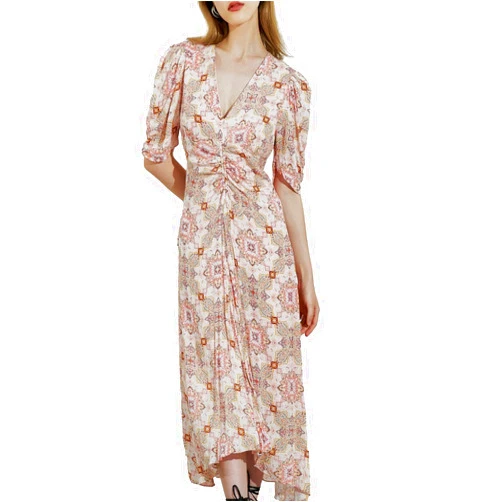 SIXDO Womens 2025 Summer Midi Dresses Vintage Floral Kaleidoscope Print Short Sleeve V Neck