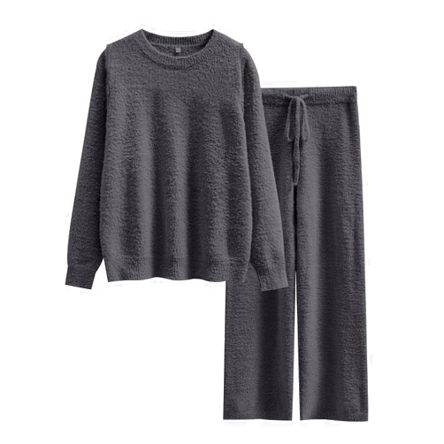ANRABESS Women's Fuzzy Fleece Pajama Sets 2 Piece Outfits Long Sleeve Top Wide Leg Pants Lounge Matching Set 2024 Fall Winter