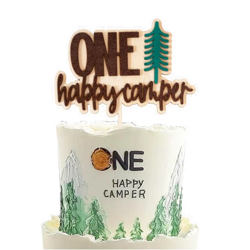 QIANGDAGSI Happy Camping 1st Birthday Wooden Cake Topper - Summer Camping Picnic Hiking Adventure Themed Party Camping Cake Decoration, Green Woodland Cake Top For Boys (Camper Topper)