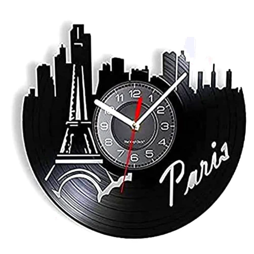 LKCLOCK Modern Roman Numerals Wall Clocks Clocks Paris Landscape LED Backlight Modern Wall Clock Romantic City Skyline French Cityscape Vinyl LP Record Wall Clock Retro Decor