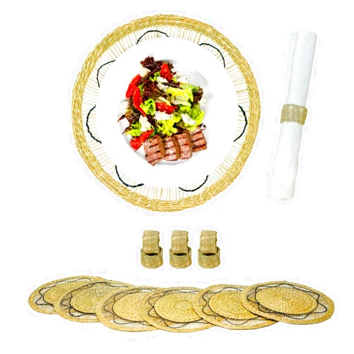 PEFSO 6 PCS Round Woven Sedge Placemats, Dia 14.17