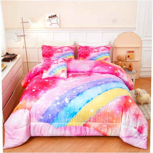 ANGIYUIN Rainbow Twin Size Comforter Set for Girls 6 Pieces Sparkle Tie Dye Pink Girls Bedding Comforter Sets Galaxy Kids Bed Comforter Sets Gradient Glitter Soft Bed in A Bag with Sheets