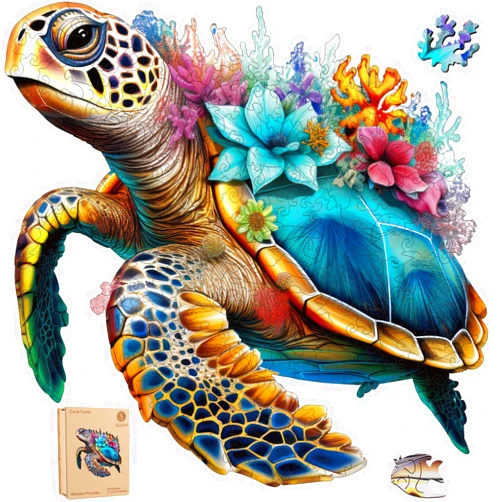 Delobil Wooden Puzzles for Adults, Coral Sea Turtle Jigsaw Puzzles 200 Piece, Unique Shape Puzzles for Adults and Kids, Fun Challenging Puzzles Family Game Gift, Medium Size 11.2 x 10.9 Inches
