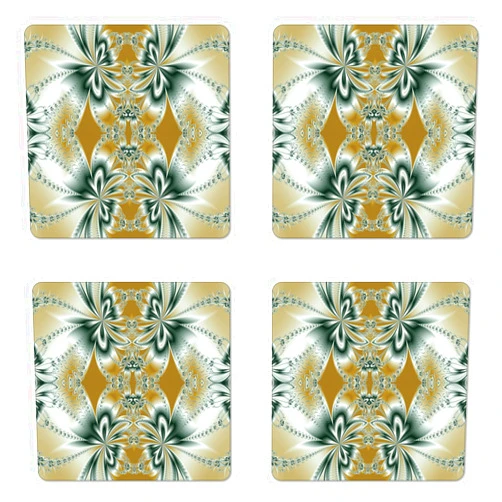 Lunarable Fractal Coaster Set of Four, Floral Pattern with Abstract Design Fantastic Magical Mosaic Form, Square Hardboard Gloss Coasters for Drinks, Green Grey Brown and White