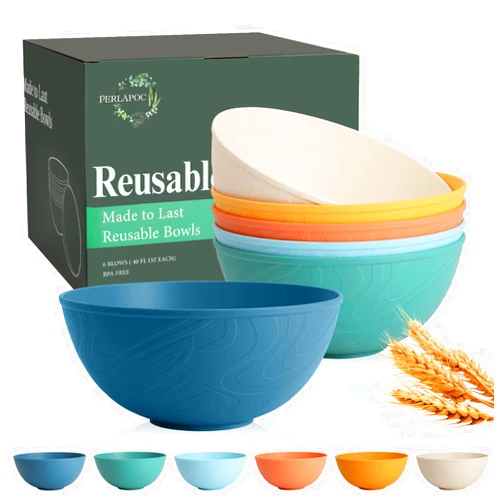 Perlapoc Unbreakable Large Cereal Bowls 40 OZ, Wheat Straw Bowls Set of 6, Alternative Plastic Bowls for Kitchen, Outdoors, Microwave & Dishwasher Safe Bowl Set for Salad, Cereal, Soup, Ramen, Multi
