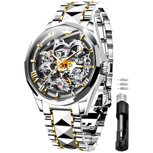 OLEVS OUPINKE Men's Skeleton Mechanical Watches Luxury Dress Automatic Self Winding Sapphire Crystal Waterproof Tungsten Steel Band Wrist Watches