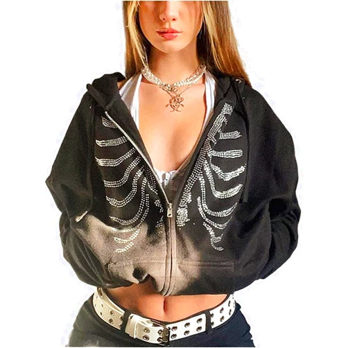 WFIAOUESS Women Skeleton Zip Up Hoodie Oversized Rhinestone Hoodie Goth Clothes Y2k Jacket Streetwear Sweatshirt Sweater