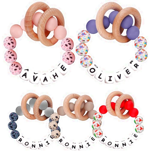 Verxcty Personalized Baby Rattle Teether Ring With Name, Custom Silicone Bracelet with Beech Wood Teething Rings for Baby (Rings)
