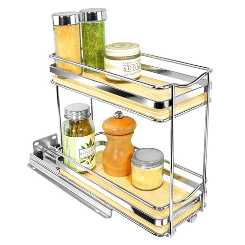 LYNK PROFESSIONAL® Élite™ Pull Out Spice Rack Organizer for Cabinet - 4-1/4 inch Wide - Slide Out Rack - Wood and Chrome Sliding Spice Organizer Shelf - 2 Tier