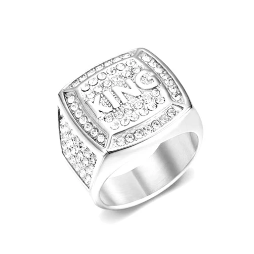 LAIMIUMIU33 Iced out KING Ring for men Smooth Square ring Hip Hop ring 316 Stainless Steel Radiant Biker Rings Bling Cuban style Iced Out Jewelry Punk Ring Club ring Heavy Metal ring Party Wedding Ceremony
