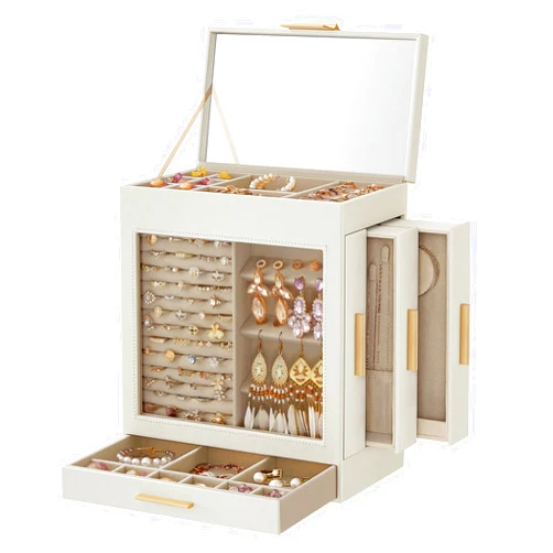 SONGMICS Jewelry Box with Glass Window, 5-Layer Jewelry Organizer with 3 Side Drawers, Jewelry Storage, with Big Mirror, Modern, 6.1 x 10.3 x 12.6 Inches, Cloud White and Metallic Gold UJBC162W01